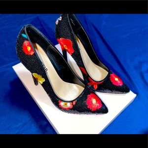 NEW BLACK SEQUINS HEELS CUTE FLOWERS FASHION SHOE